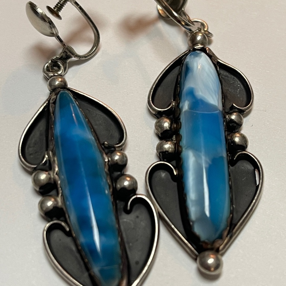 Elegant Navajo signed Dark Blue Larimar Blue Sterling Screw back Earrings